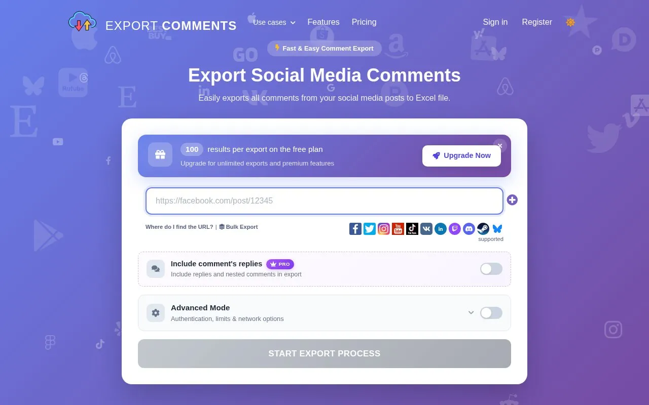Export Comments homepage screenshot