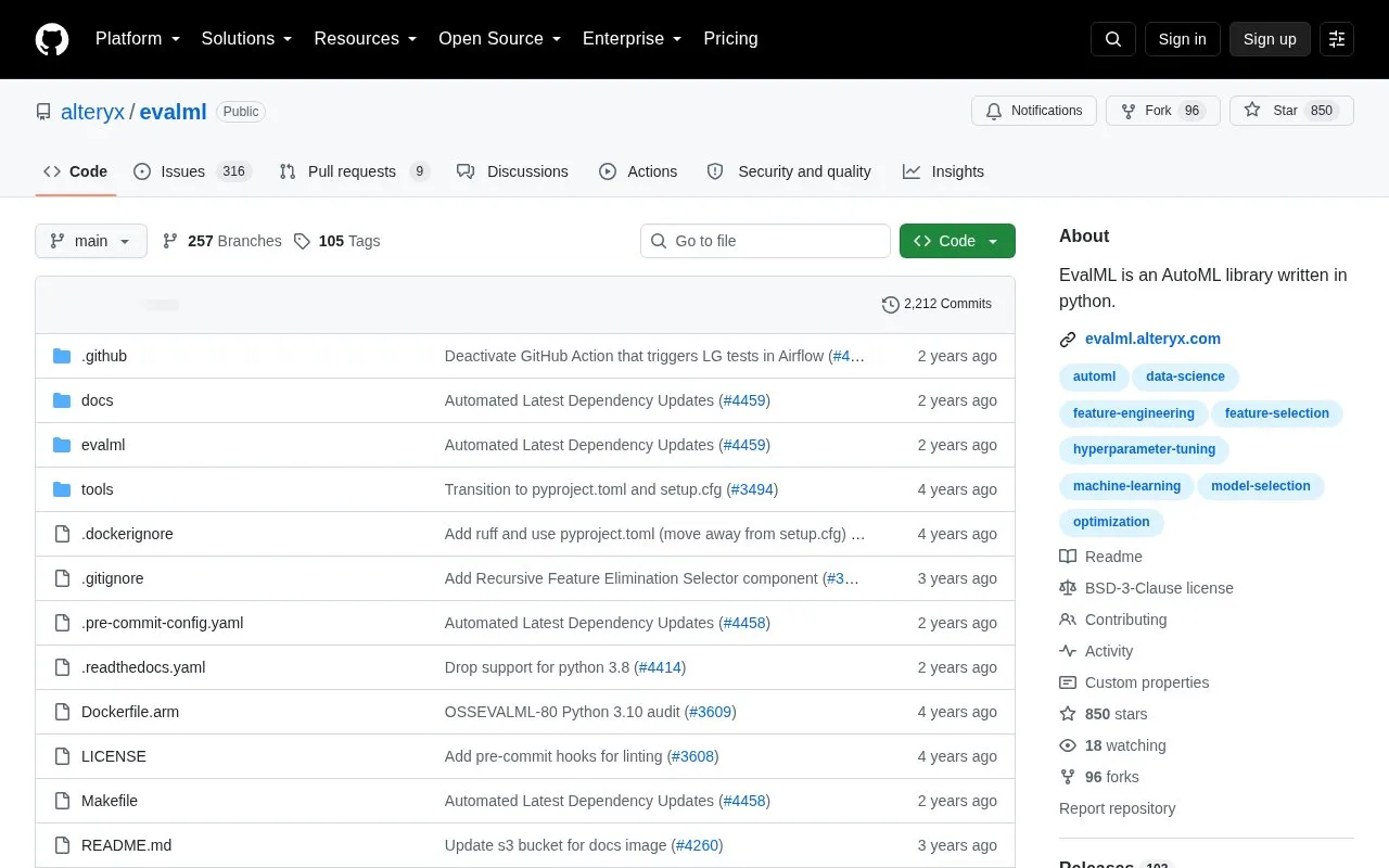EvalML homepage screenshot