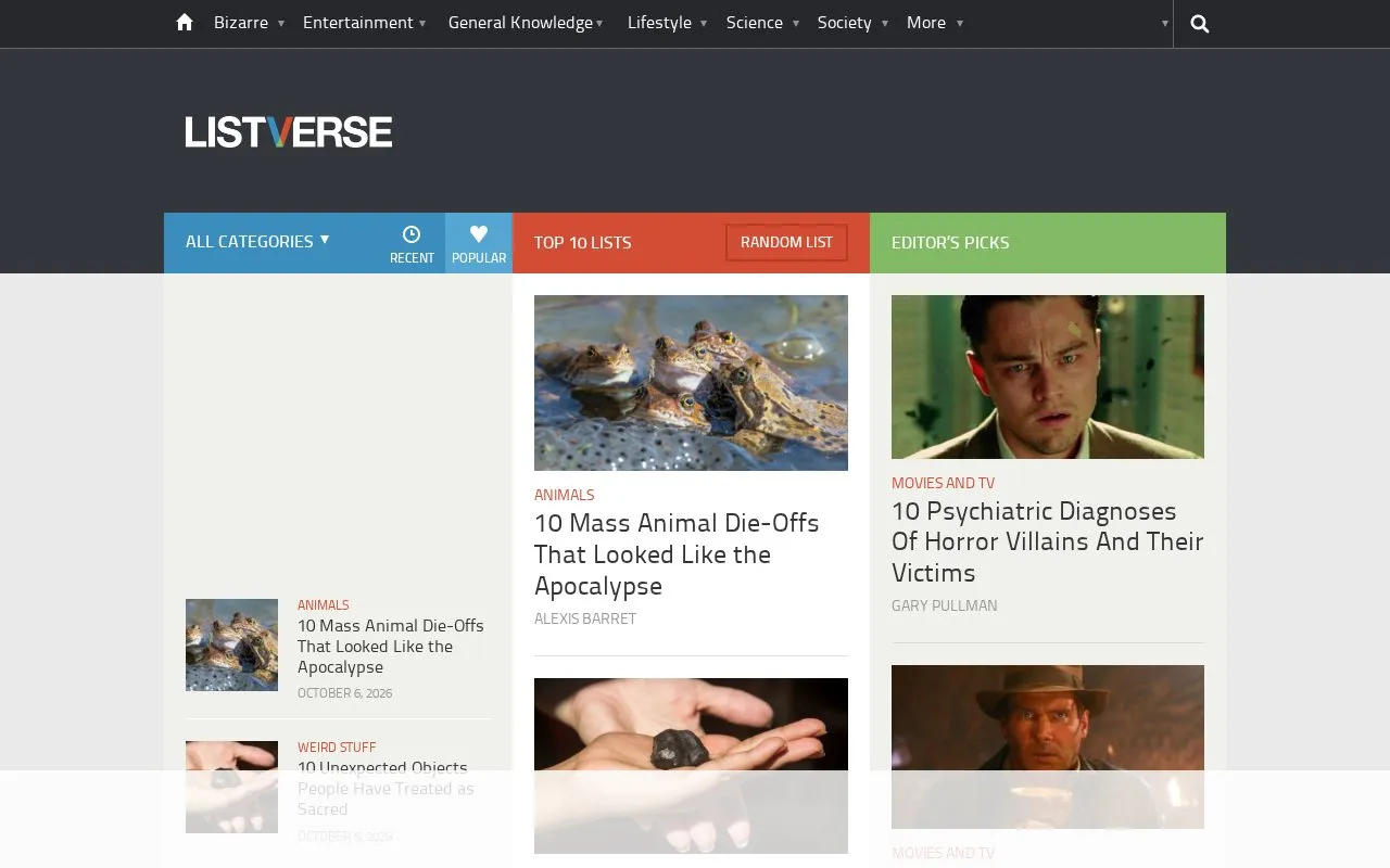 Listverse homepage screenshot