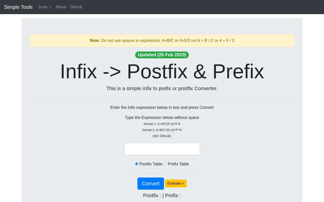Data Structure : Infix Postfix Prefix - Converter & Evaluator homepage screenshot