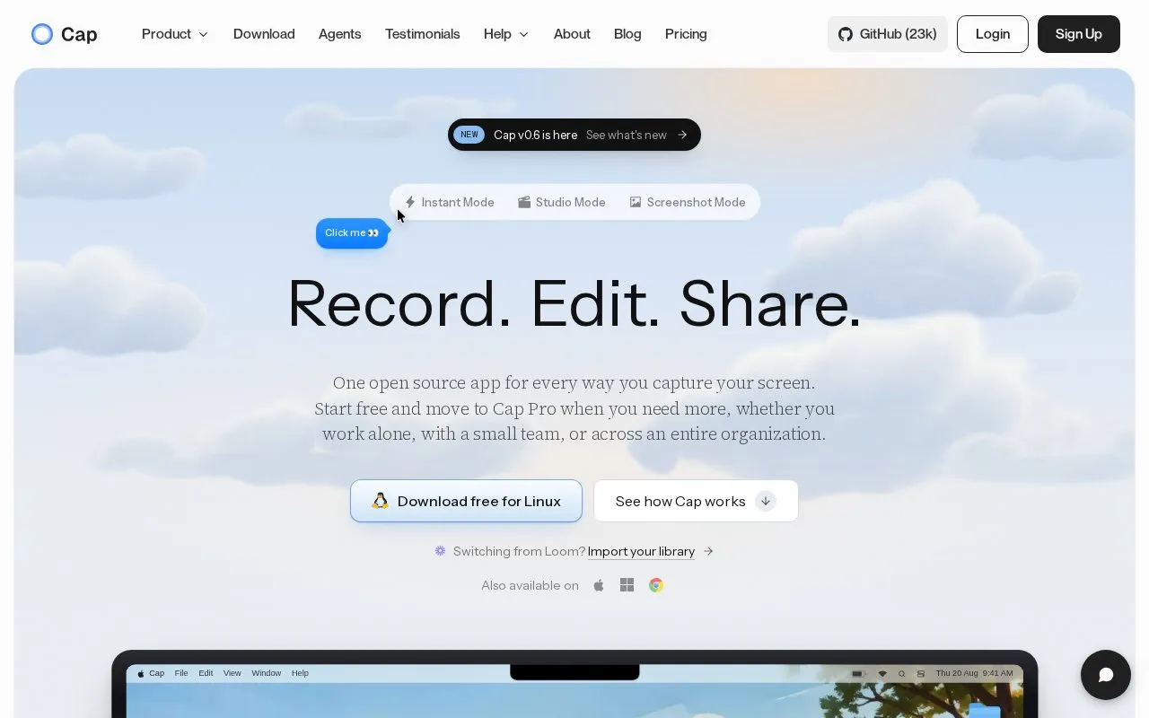 Cap homepage screenshot