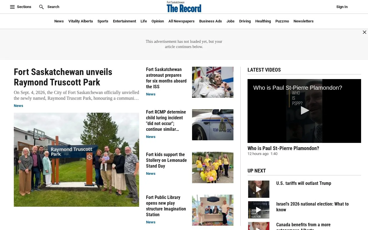 Fort Saskatchewan Record homepage screenshot