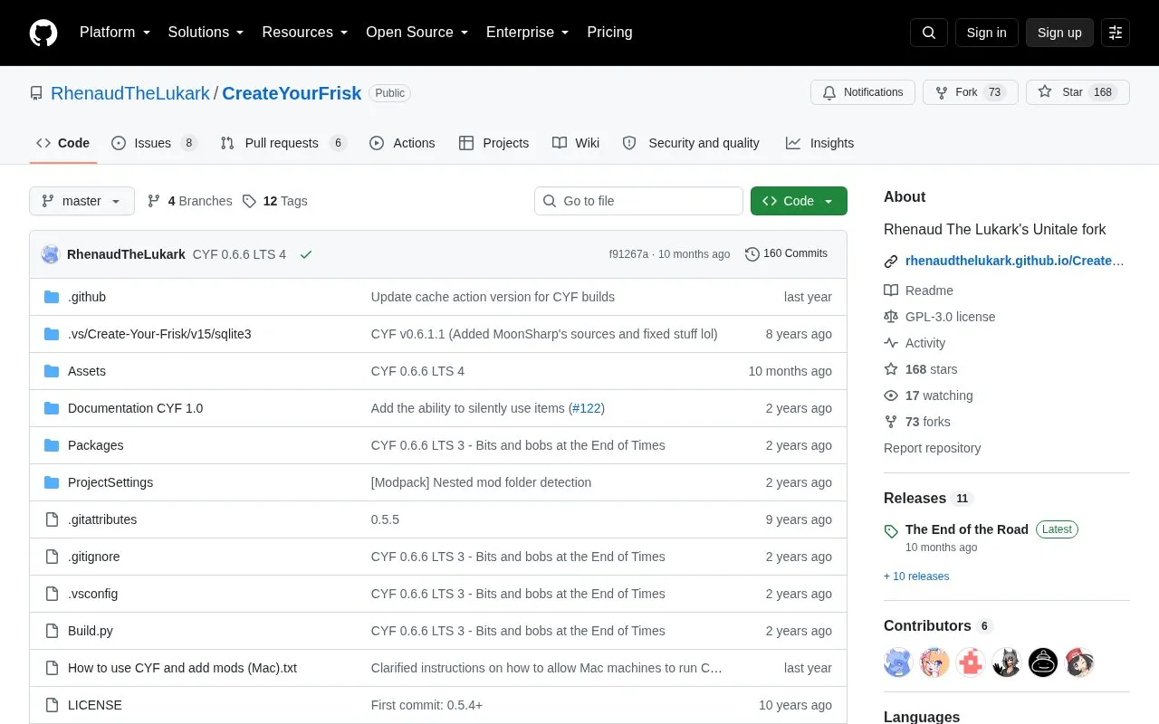 CreateYourFrisk (CYF) homepage screenshot