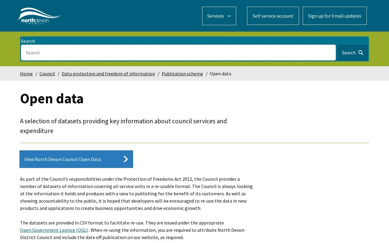 North Devon Council Open Data homepage screenshot
