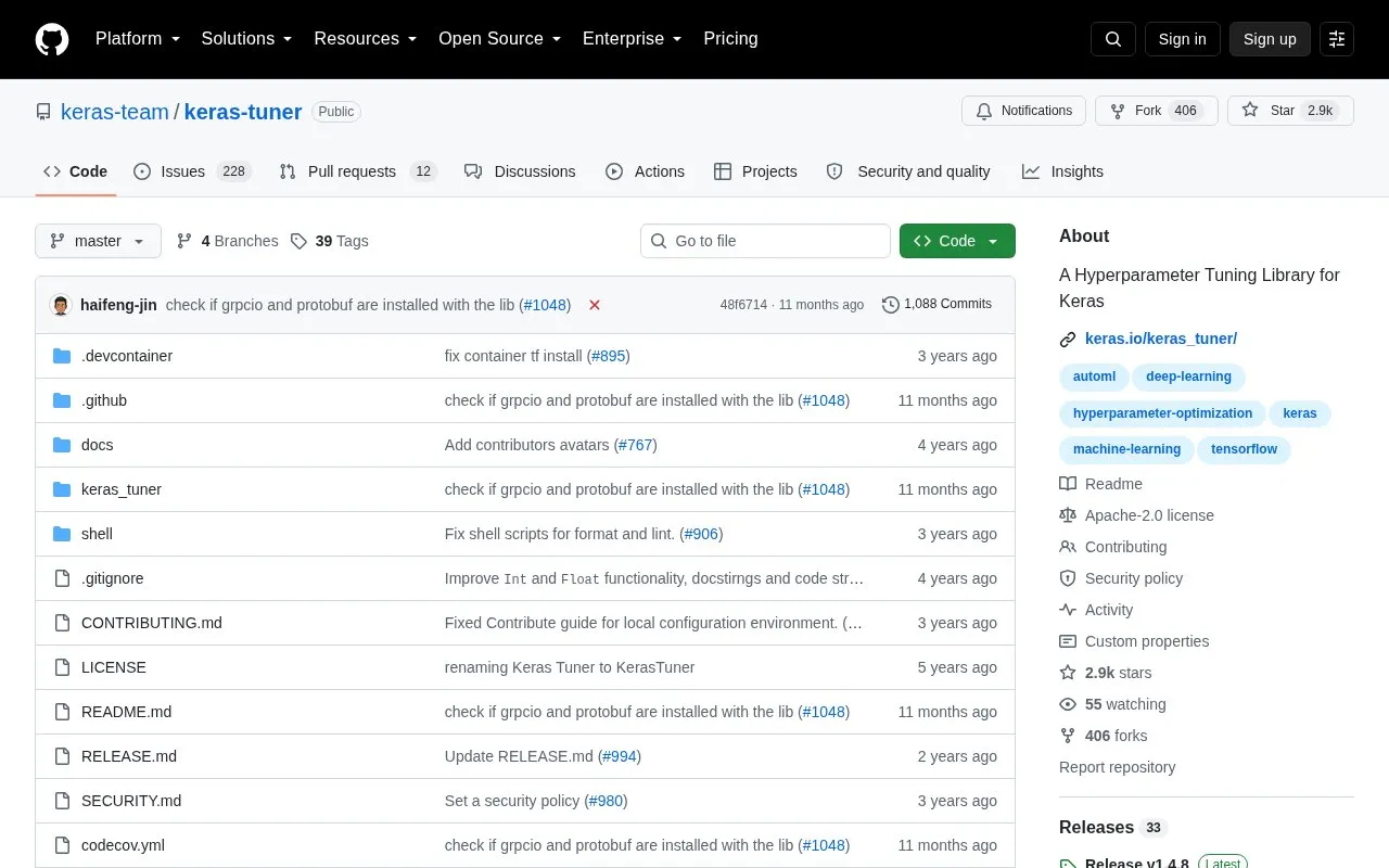 KerasTuner homepage screenshot