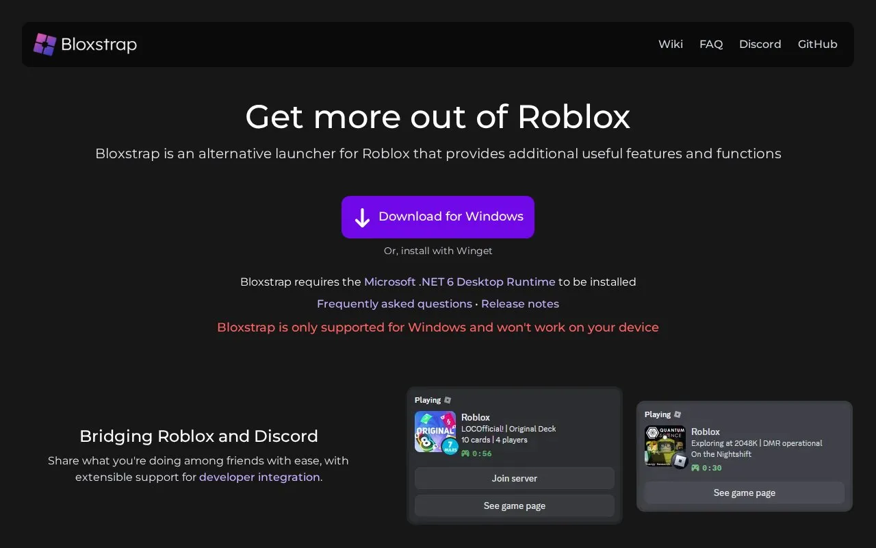 Bloxstrap homepage screenshot