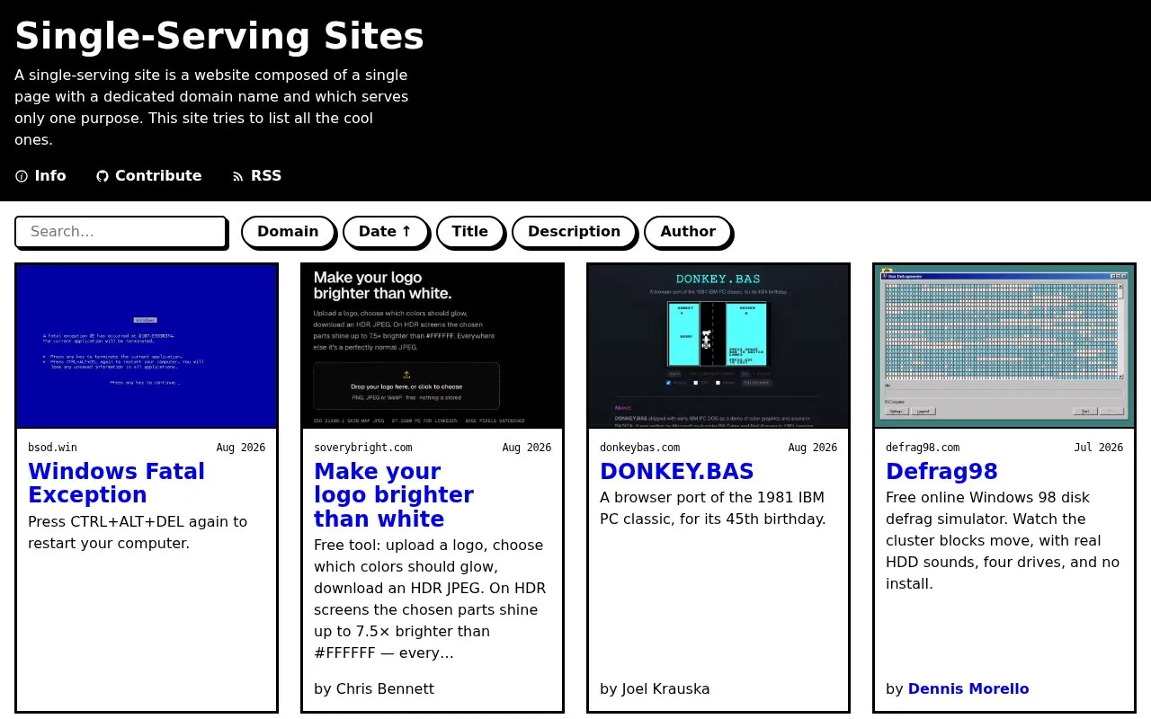 Single-Serving Sites homepage screenshot