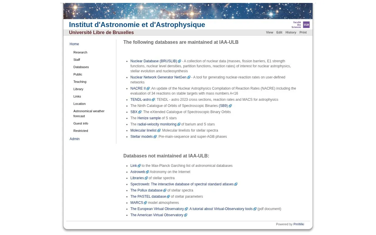 Institut d'Astronomie et d'Astrophysique Databases homepage screenshot