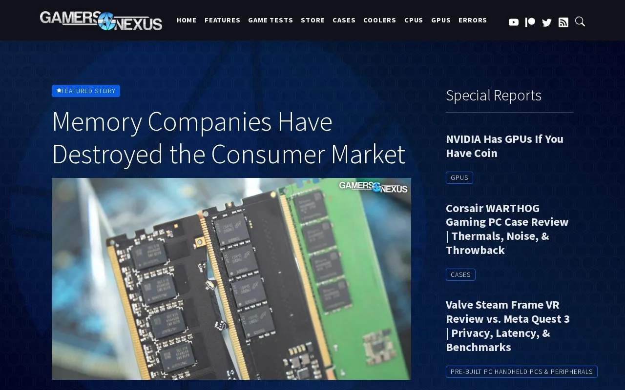 GamersNexus homepage screenshot