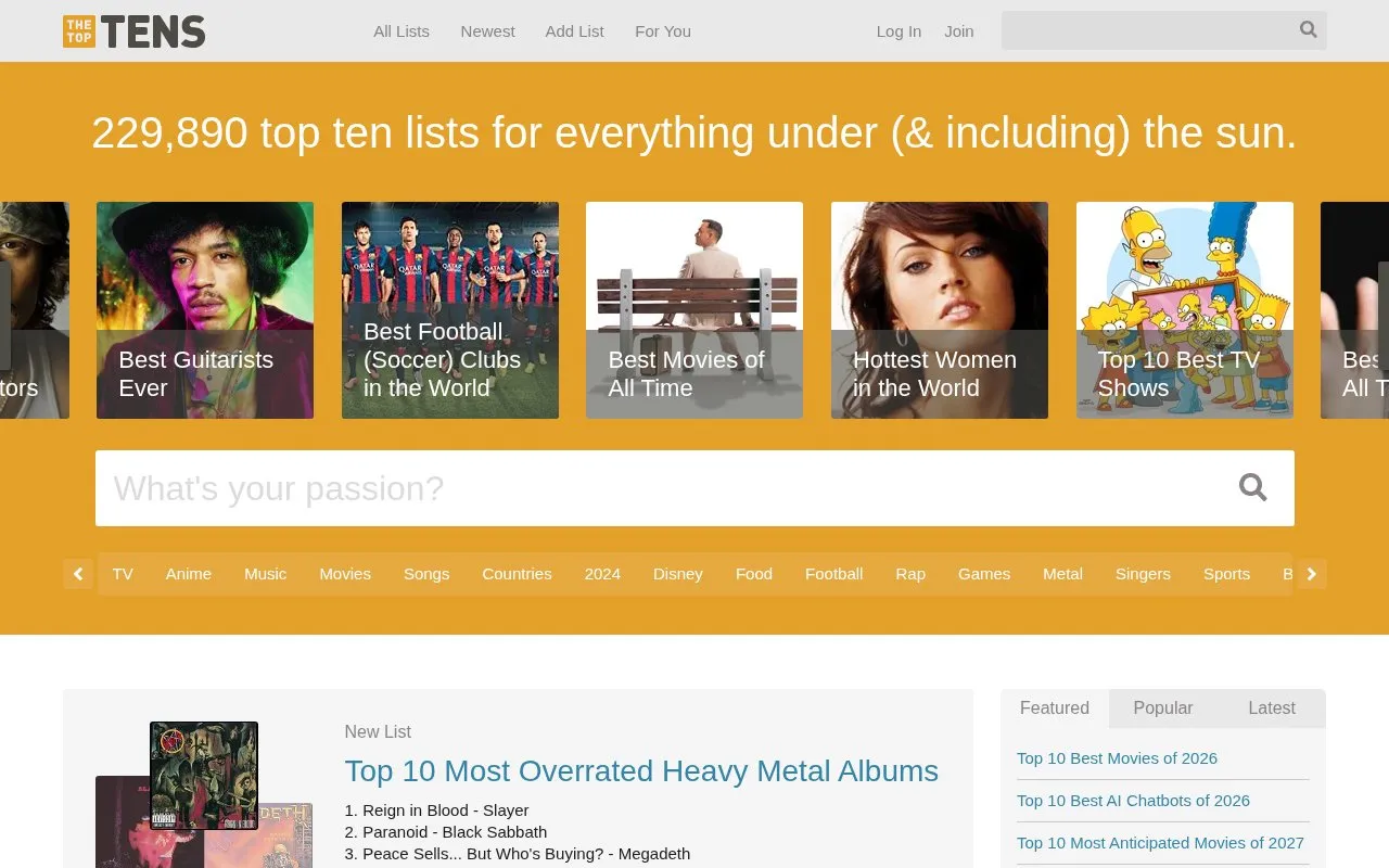 TheTopsTens homepage screenshot