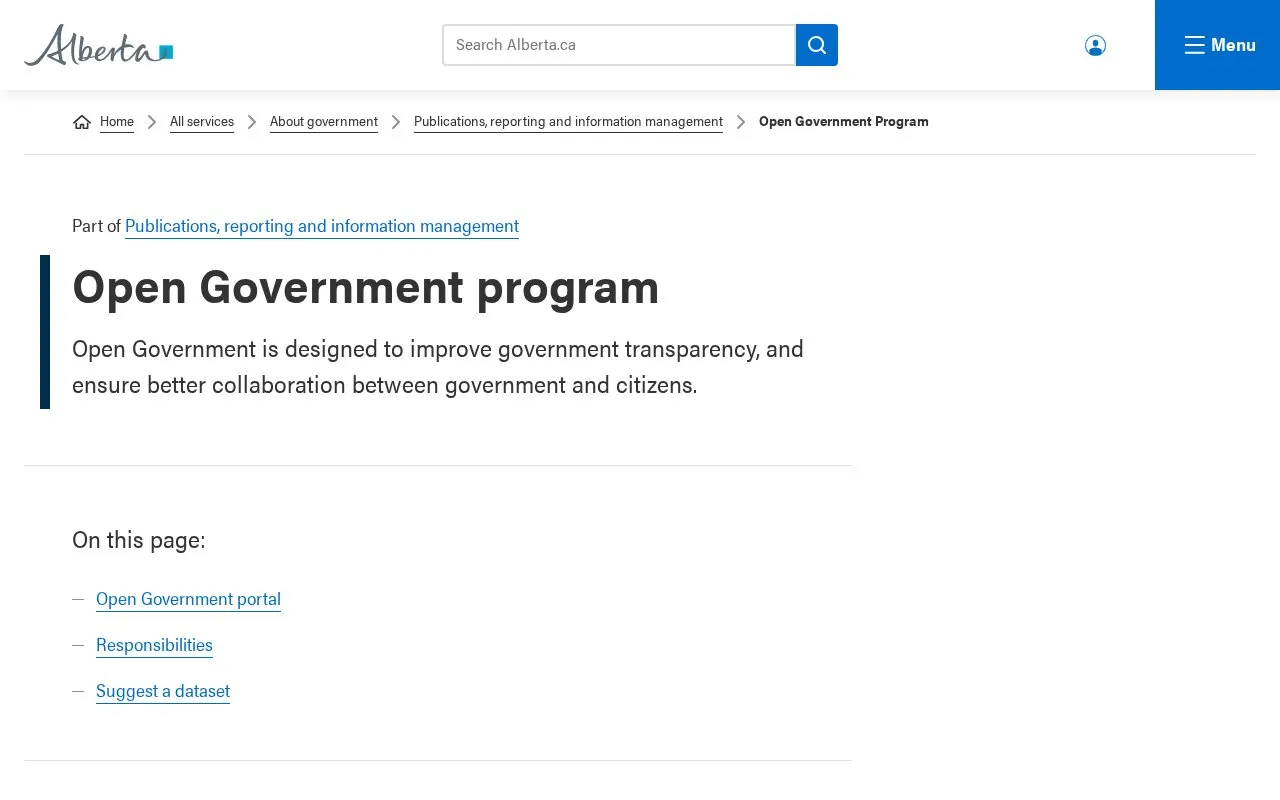 Alberta Open government portal homepage screenshot