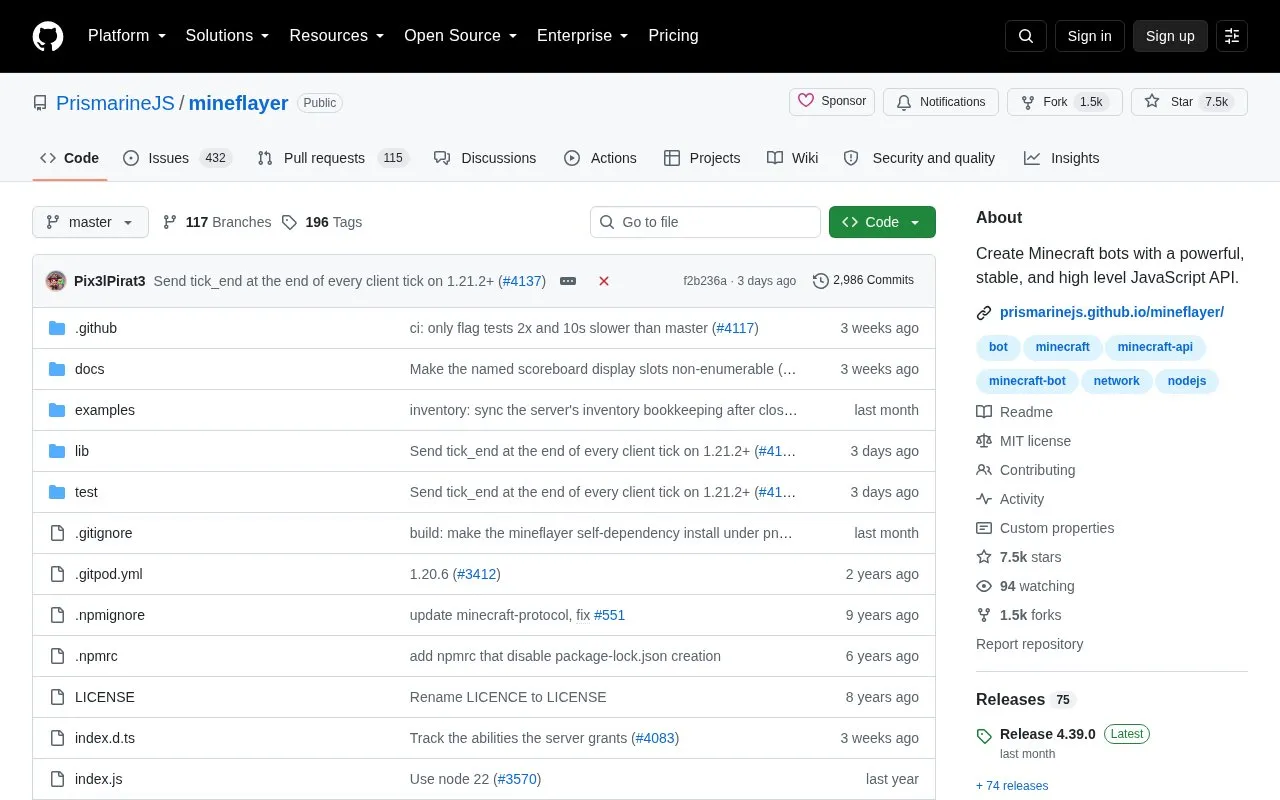 Mineflayer homepage screenshot