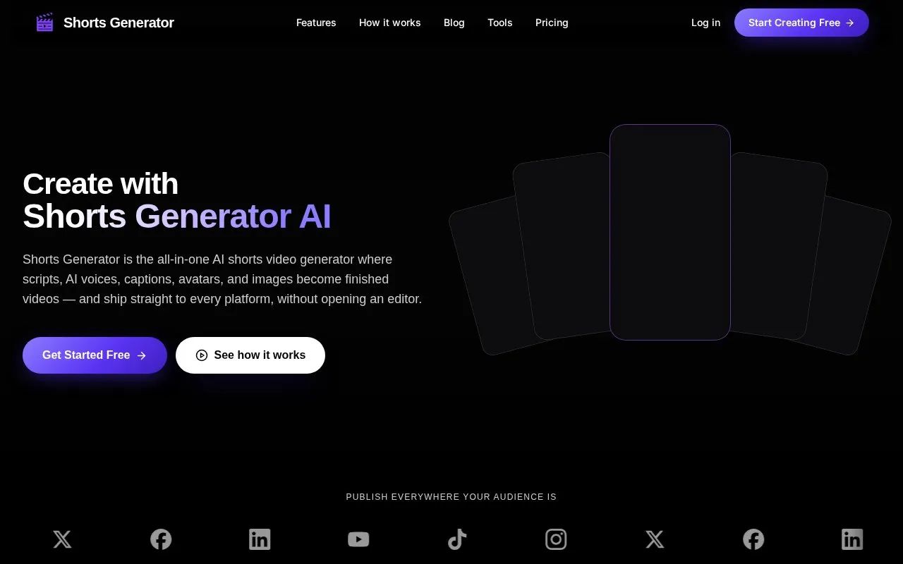 Shorts Generator homepage screenshot