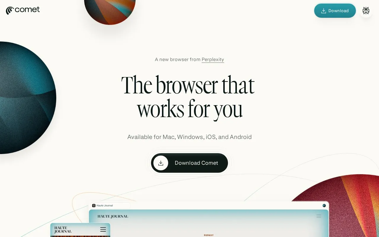 Comet Browser homepage screenshot