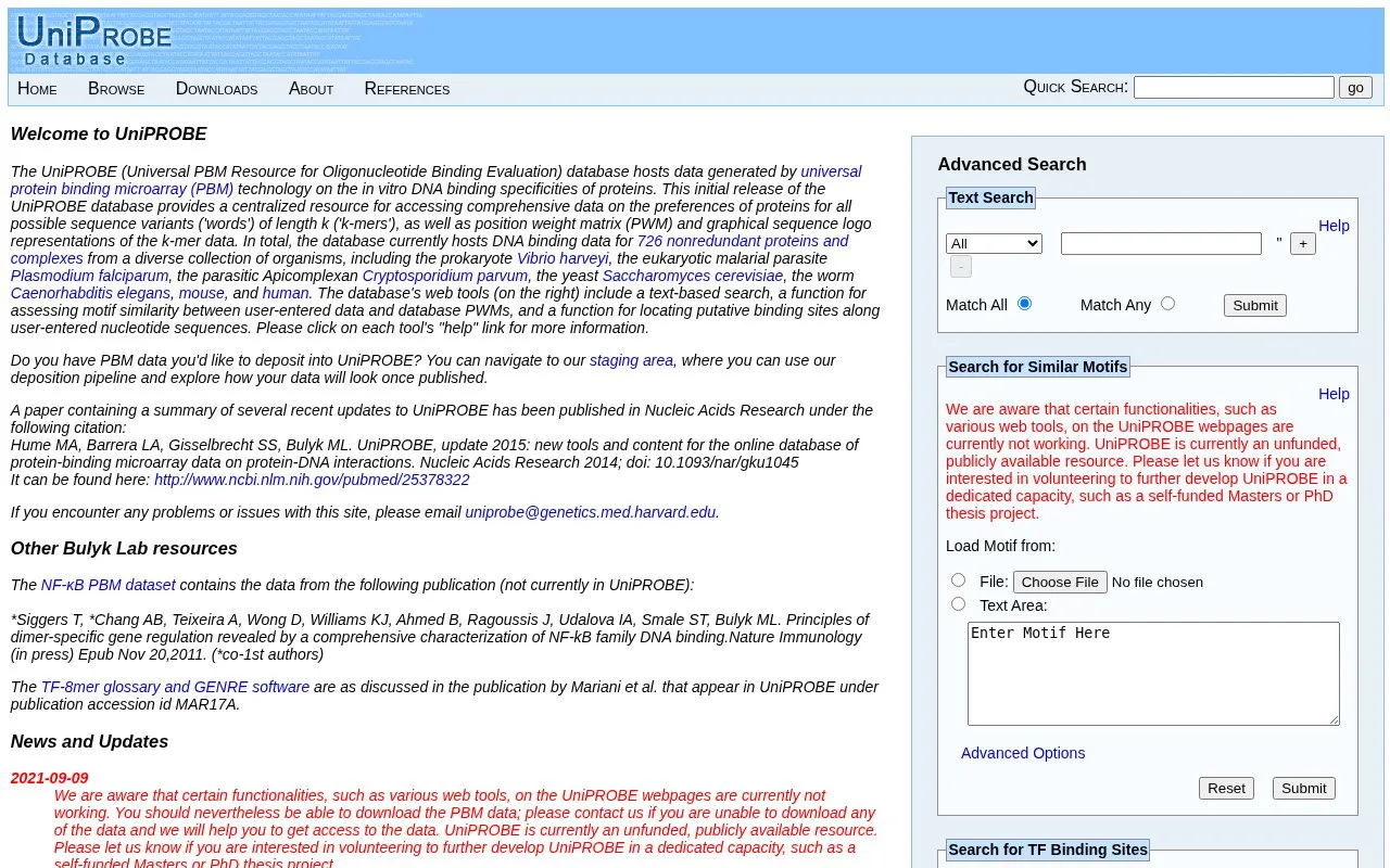 Universal PBM Resource for Oligonucleotide Binding Evaluation homepage screenshot