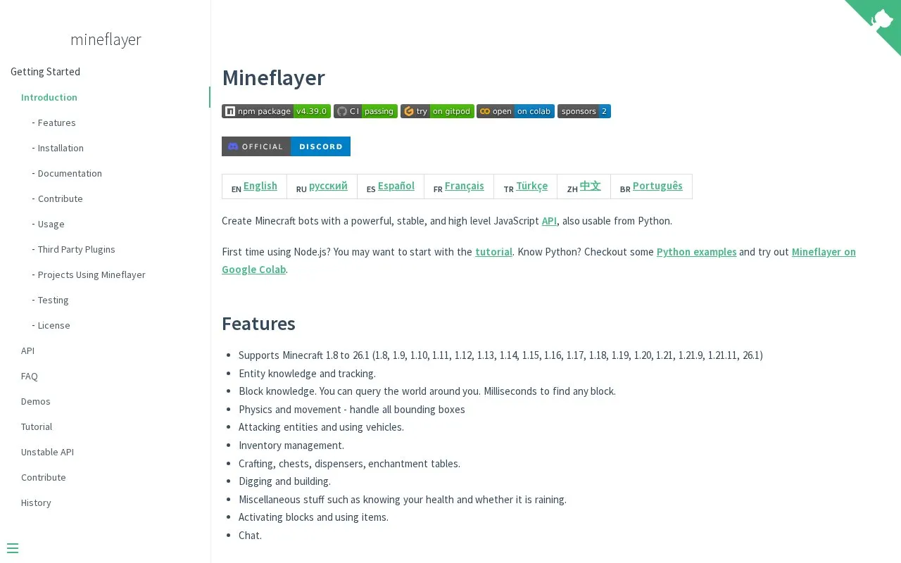 Mineflayer homepage screenshot