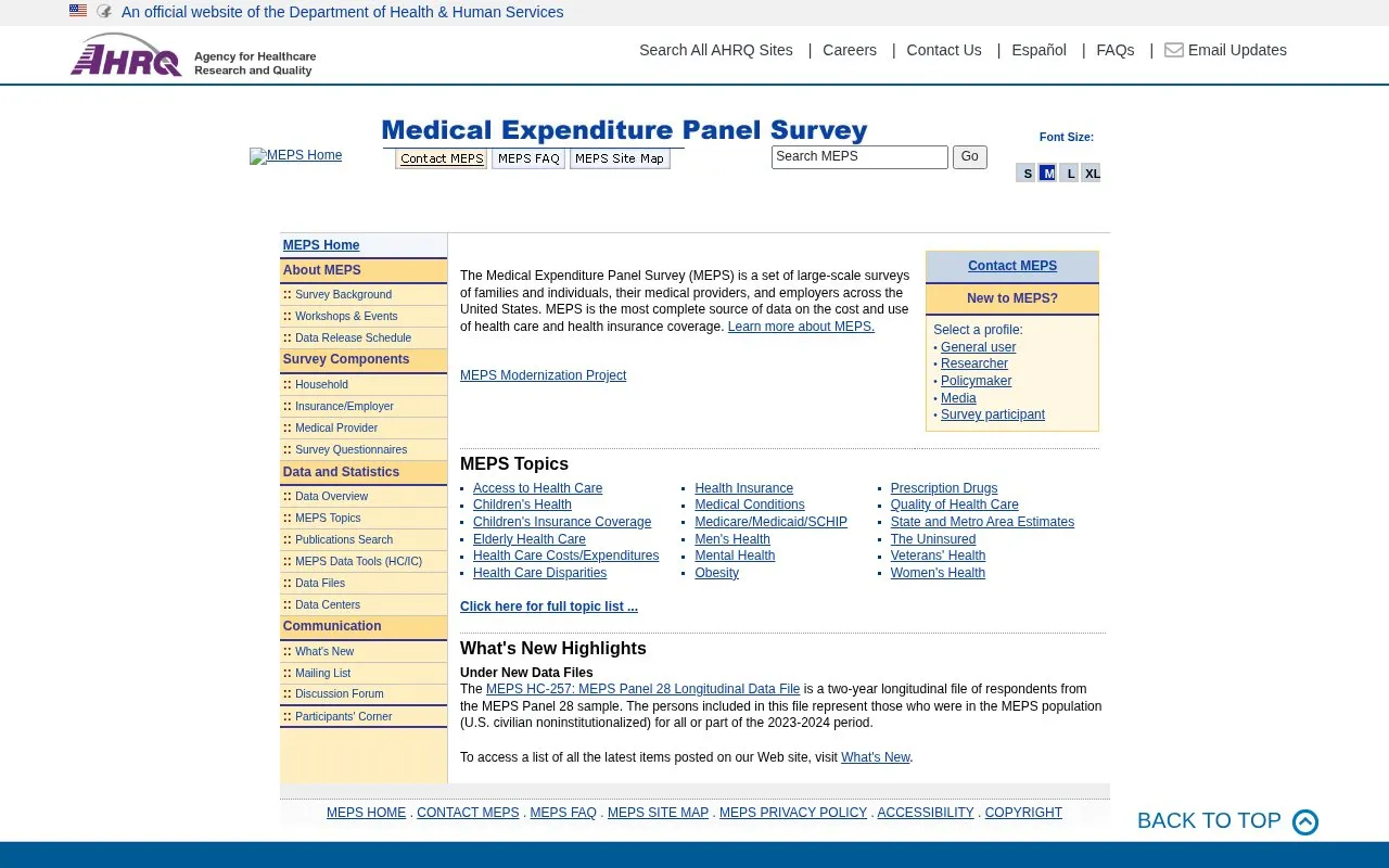 Medical Expenditure Panel Survey homepage screenshot
