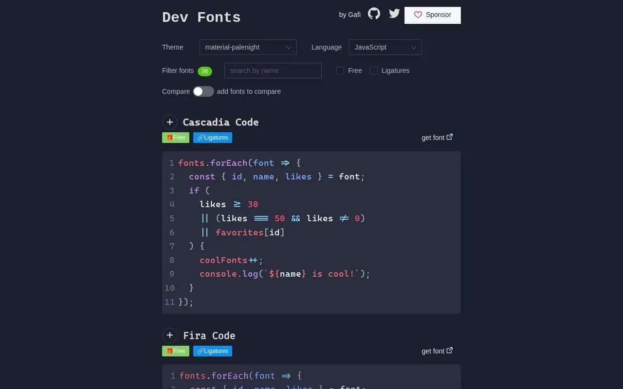 Dev Fonts homepage screenshot