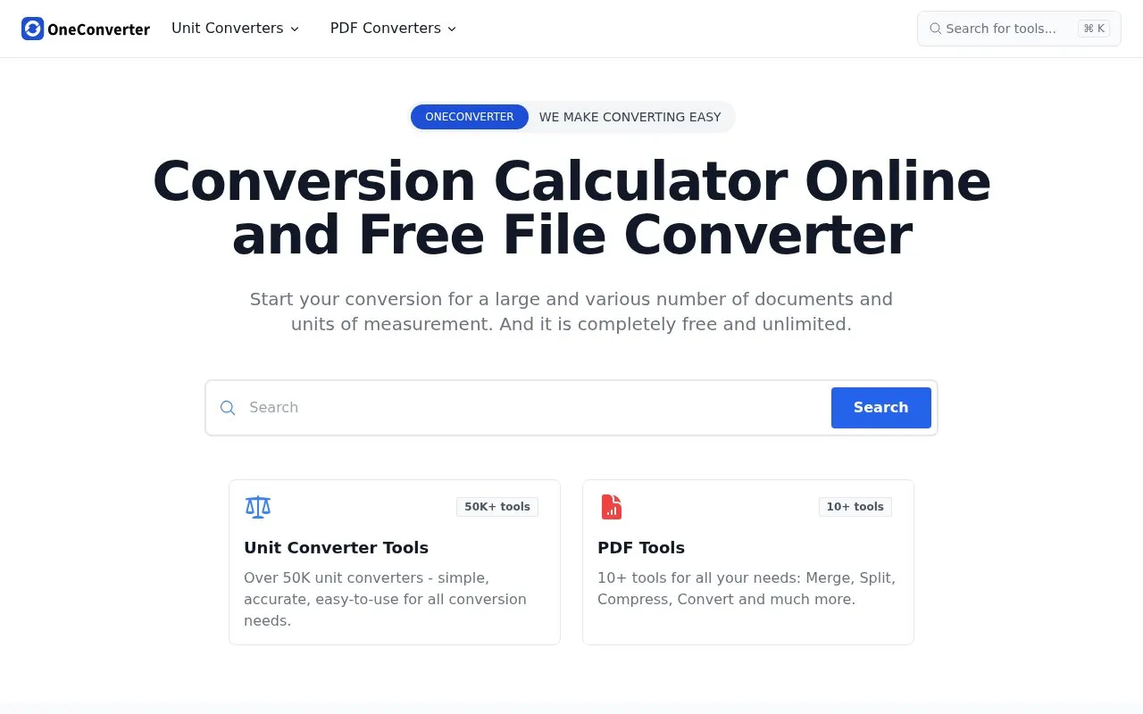 OneConverter homepage screenshot