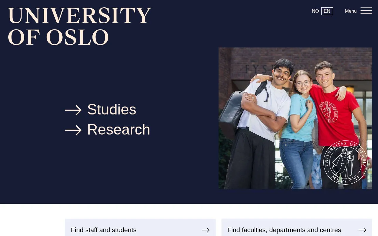 University of Oslo homepage screenshot