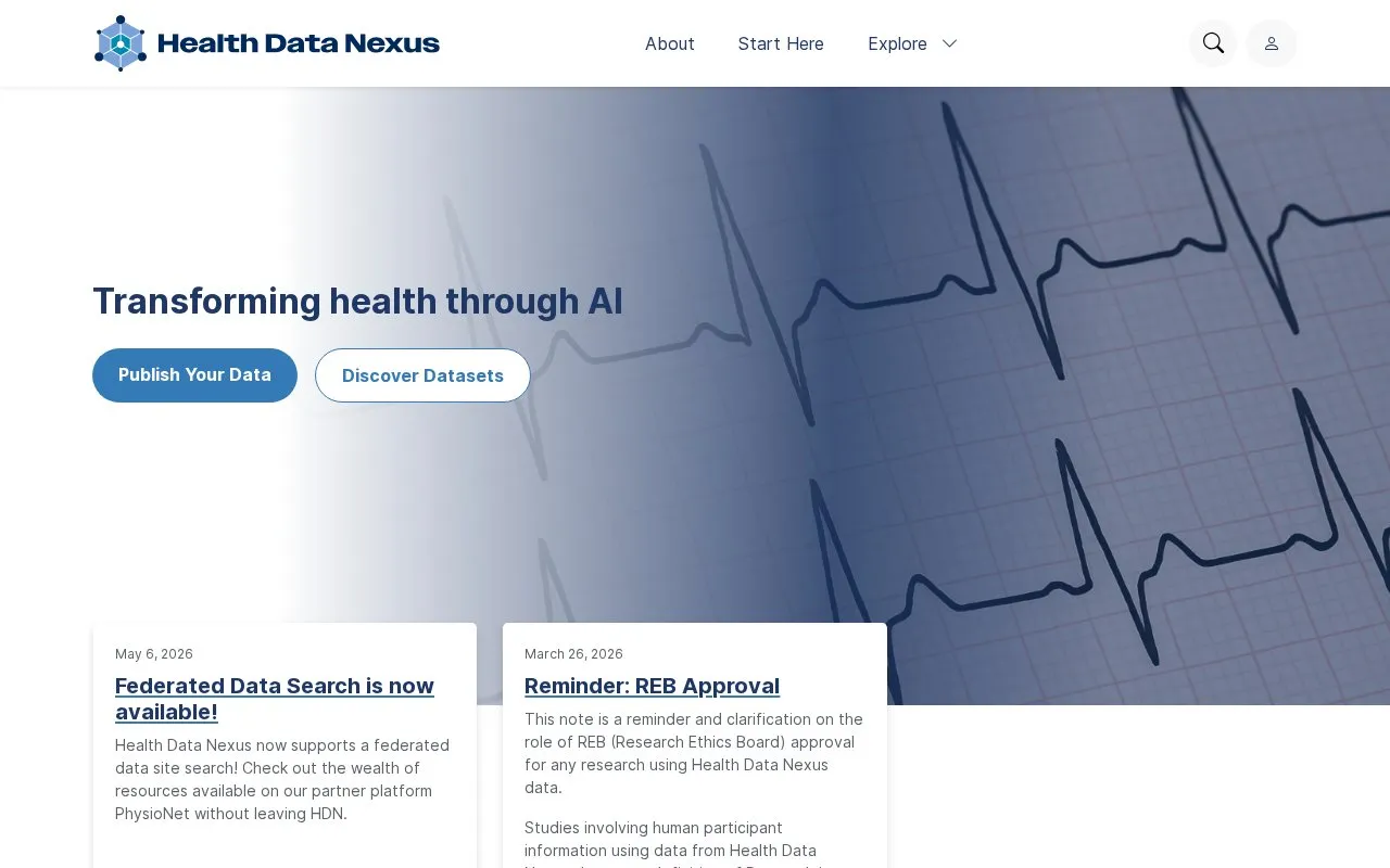 Health Data Nexus homepage screenshot