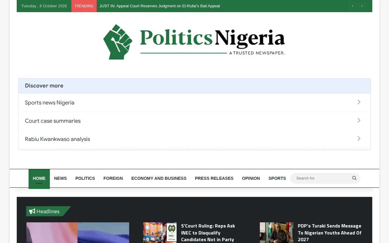 Politics Nigeria homepage screenshot