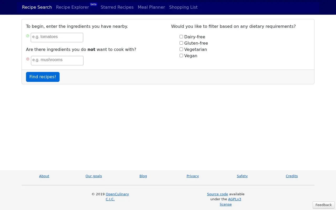 RecipeRadar homepage screenshot