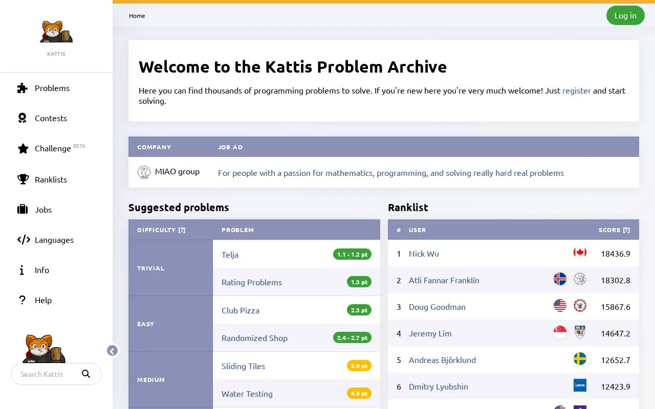 Kattis homepage screenshot