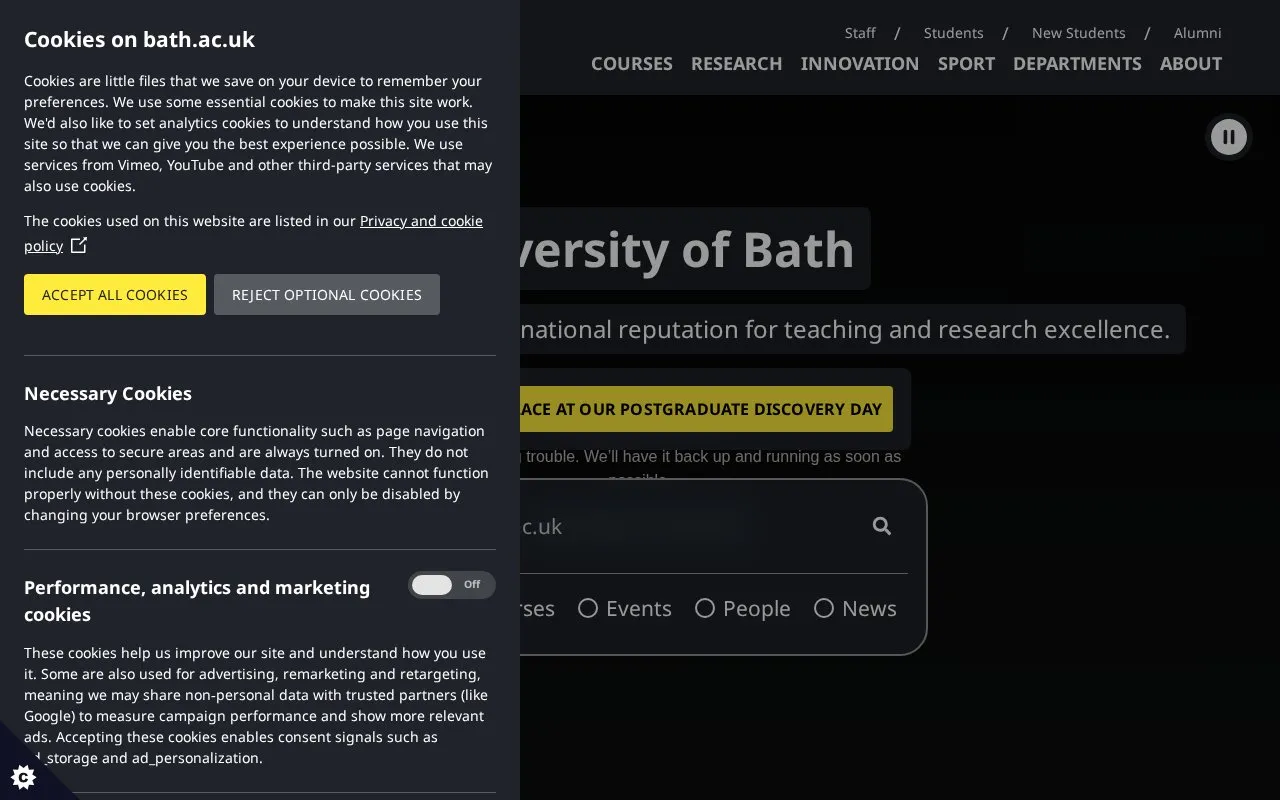 University of Bath homepage screenshot