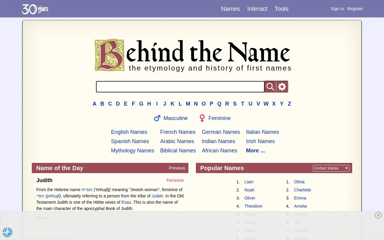 BehindTheName homepage screenshot