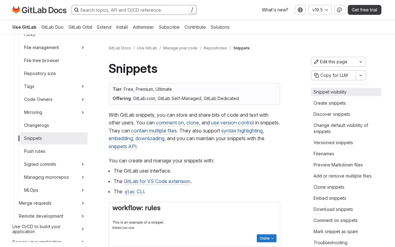 GitLab Snippets homepage screenshot