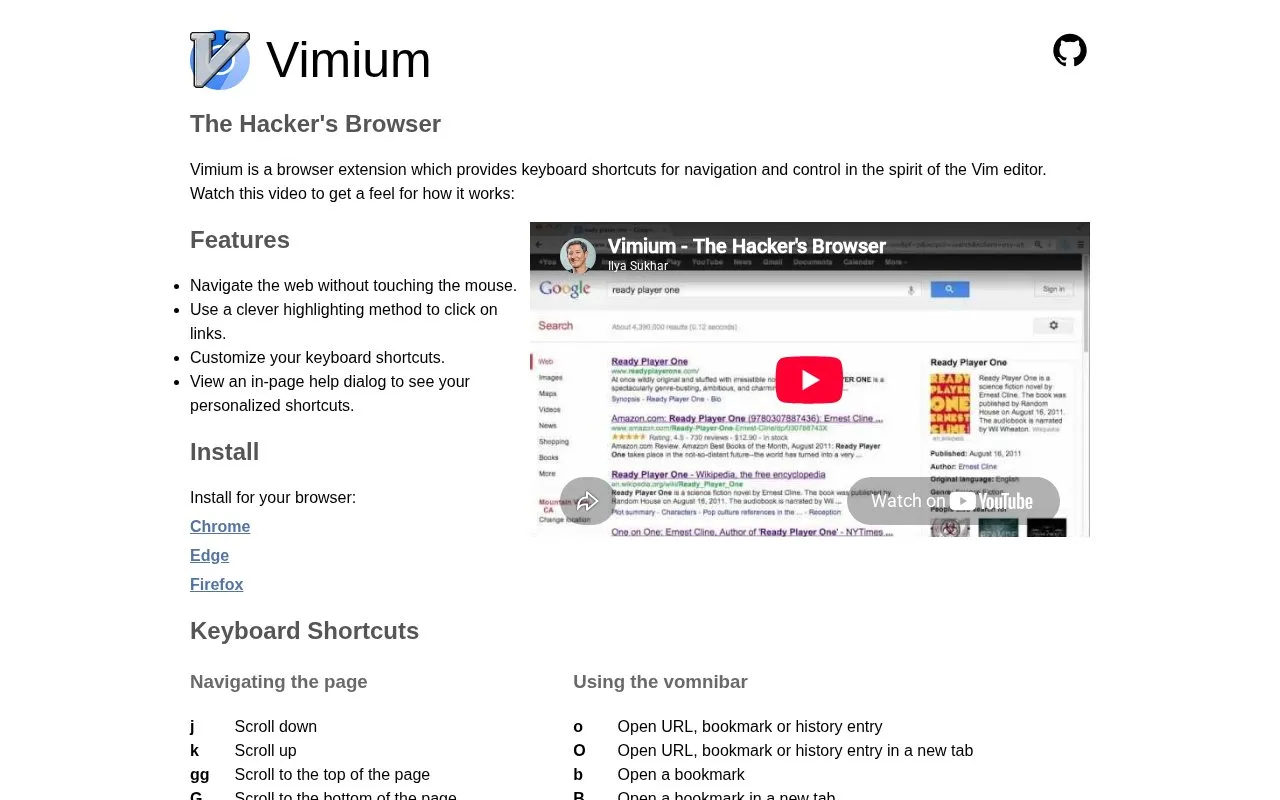 Vimium homepage screenshot