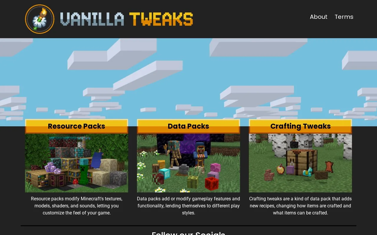 Vanilla Tweaks homepage screenshot