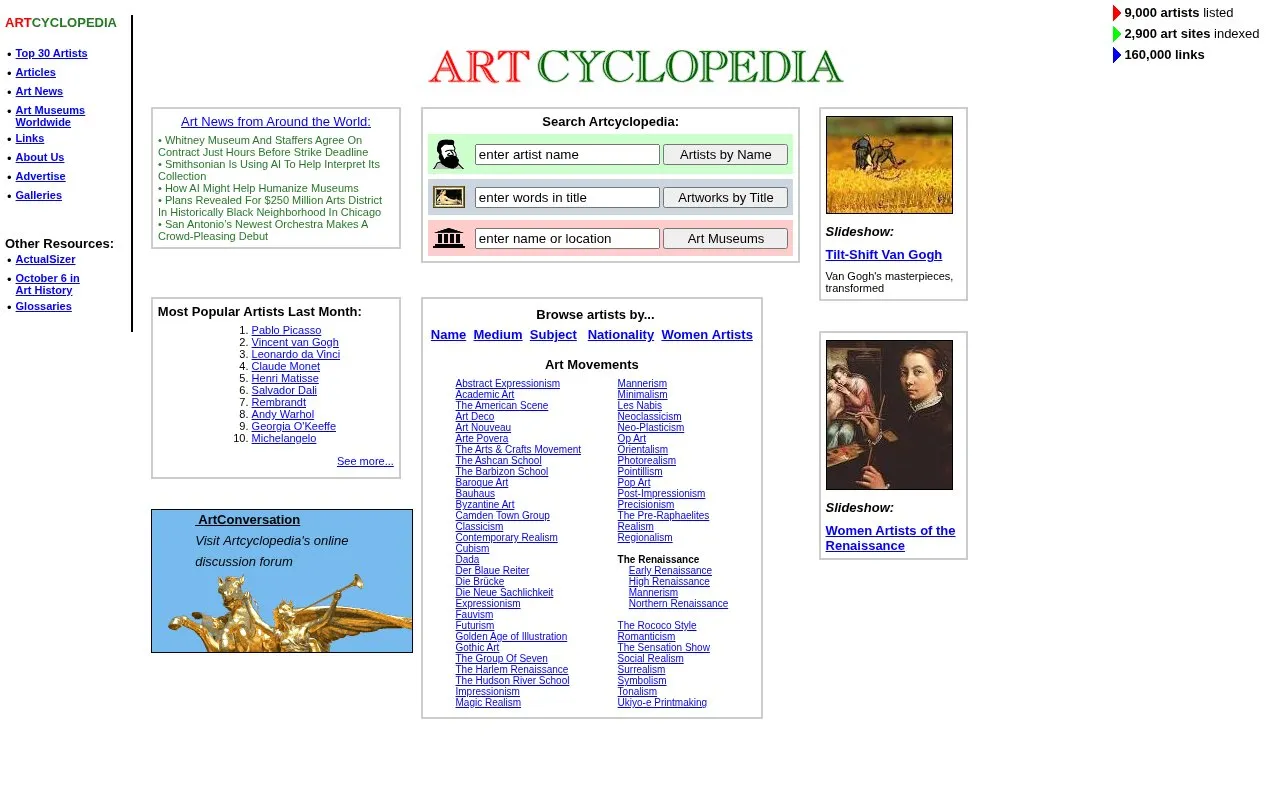 Artcyclopedia homepage screenshot