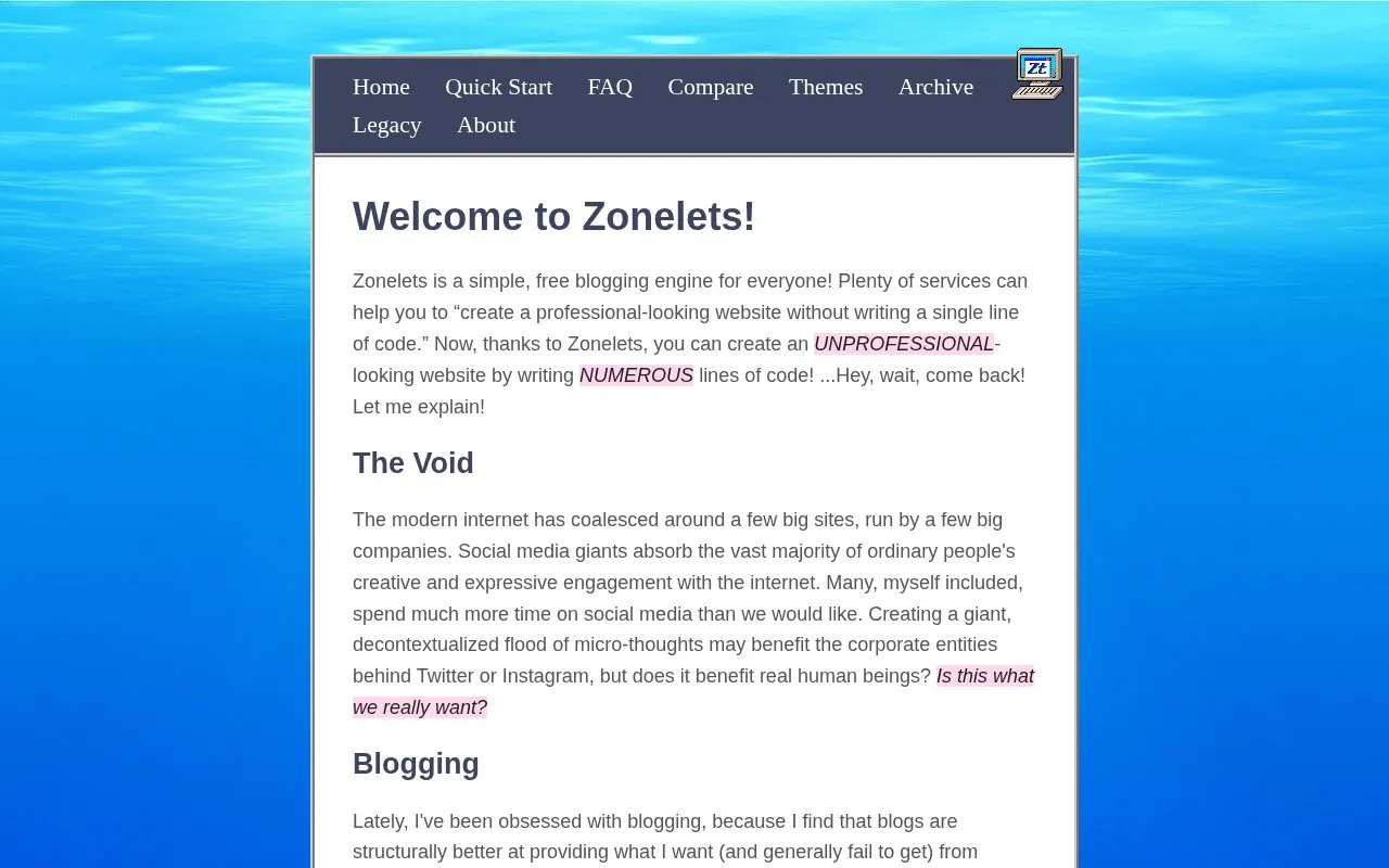 Zonelets homepage screenshot