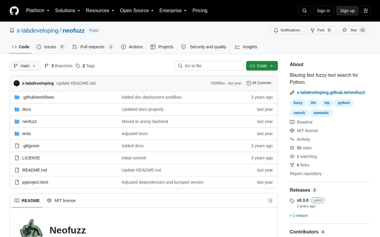Neofuzz homepage screenshot