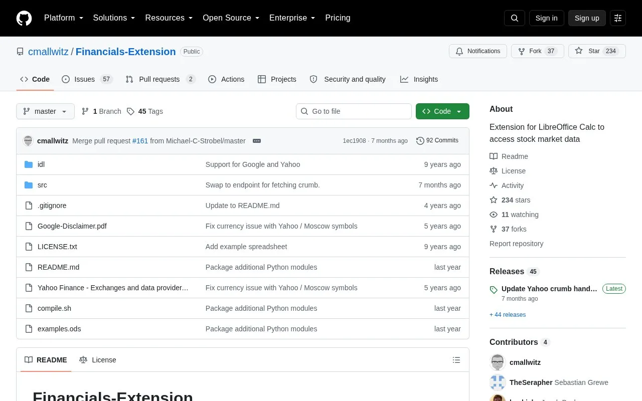 Financials Extension homepage screenshot