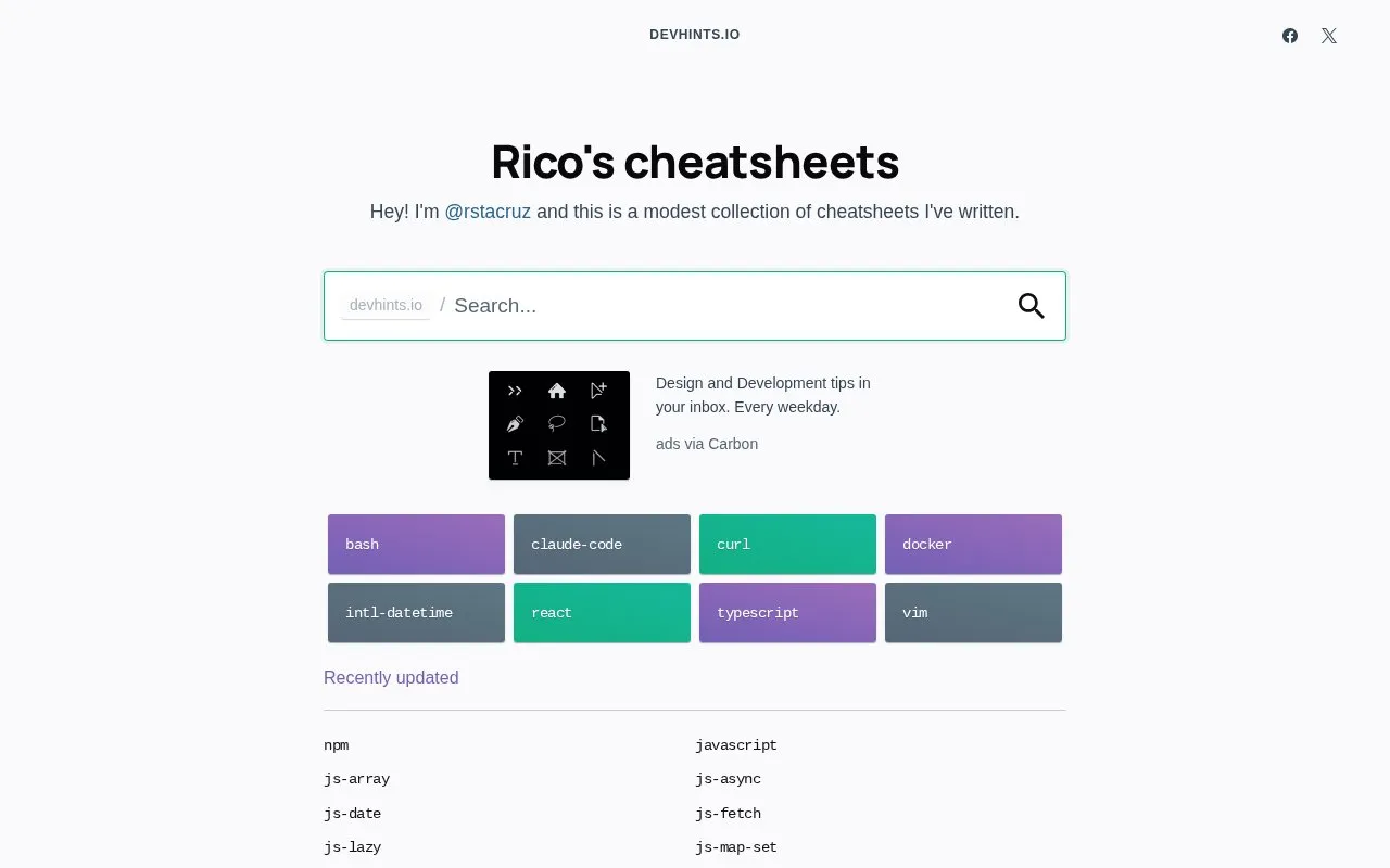Devhints homepage screenshot