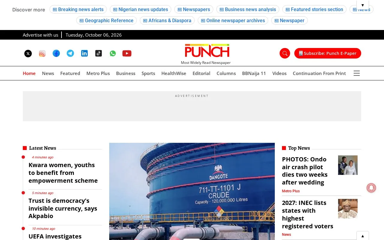 The Punch homepage screenshot