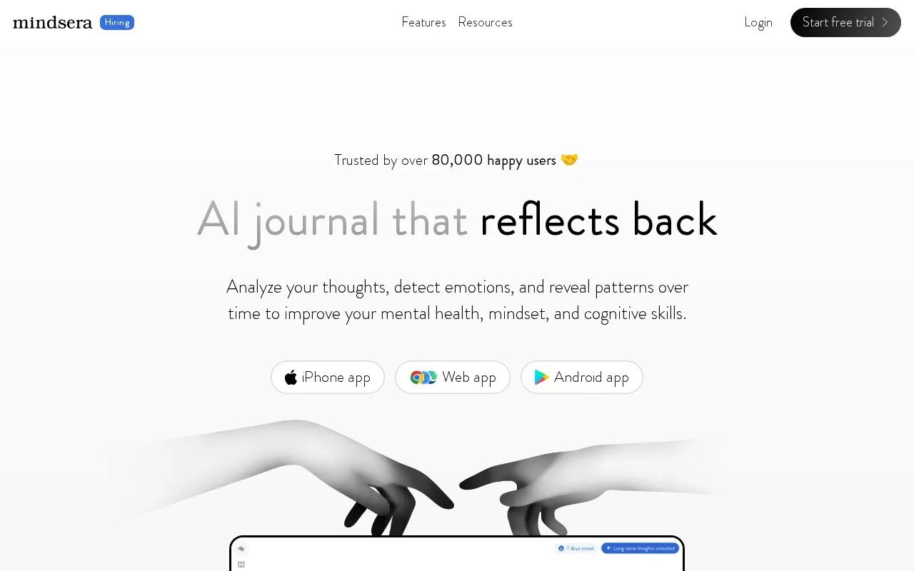 Mindsera homepage screenshot