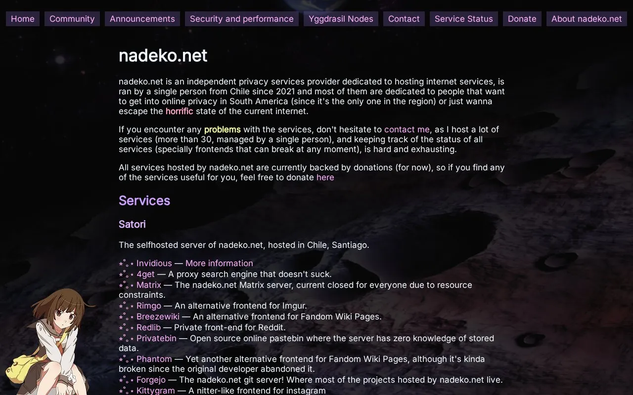 Nadeko homepage screenshot