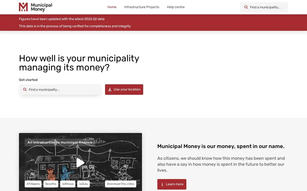 Municipal Money, South Africa homepage screenshot