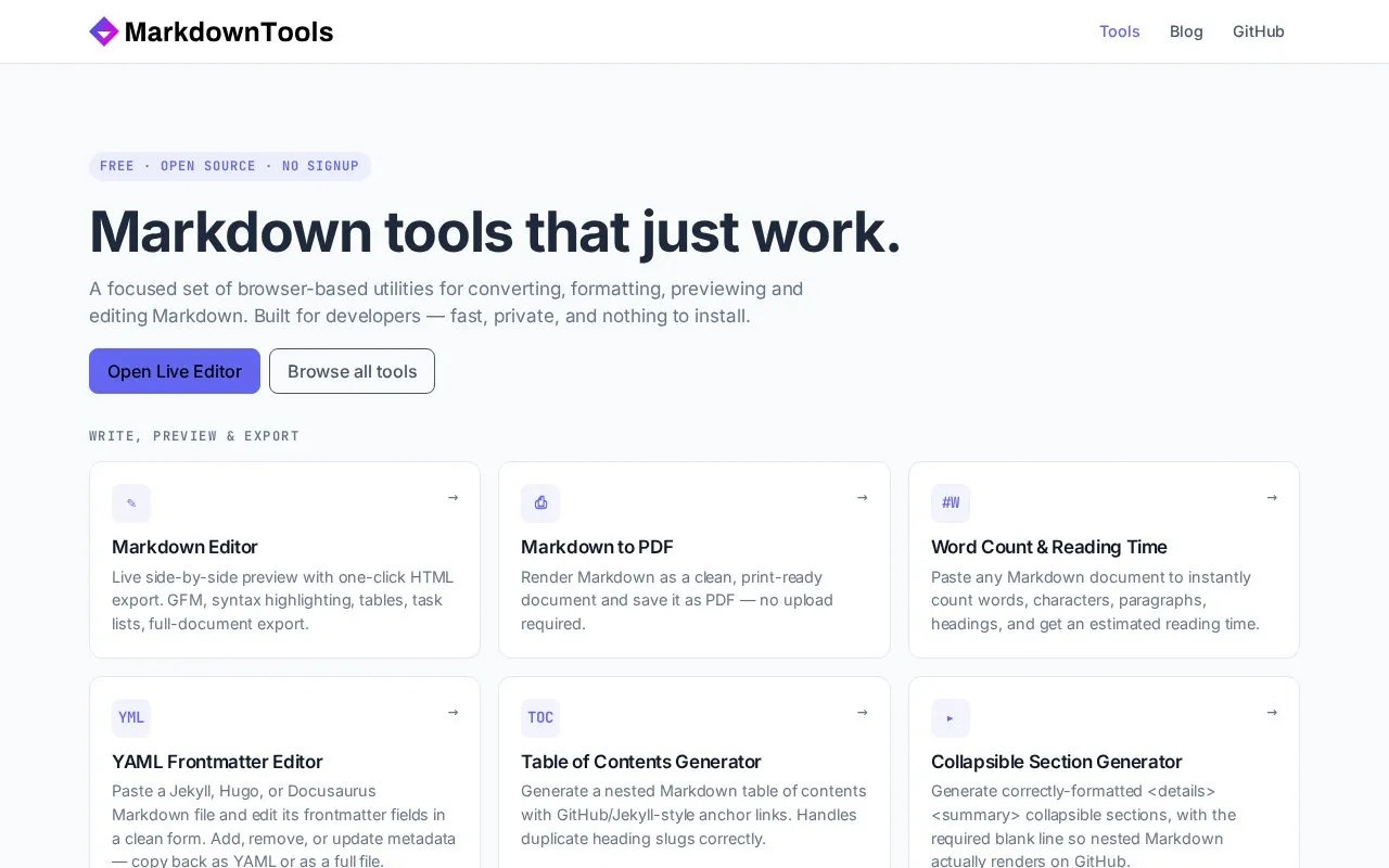 MarkdownTools homepage screenshot