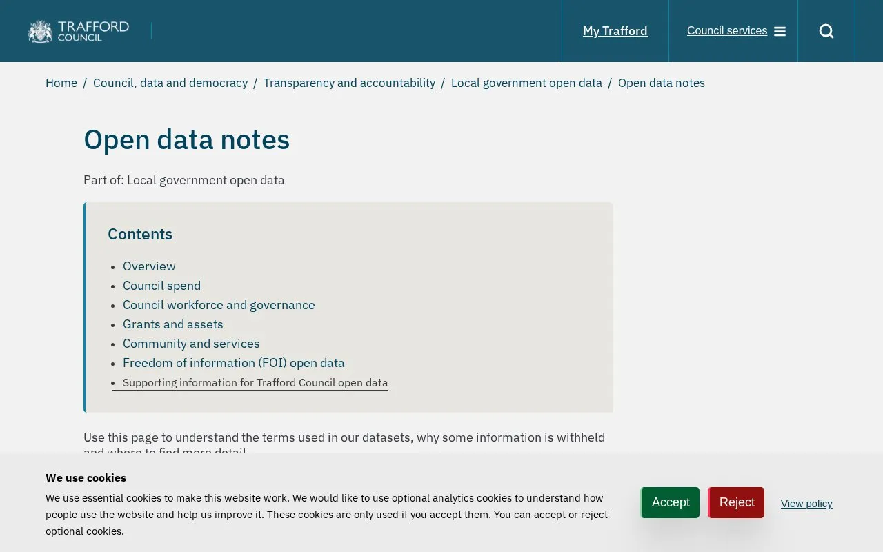 Trafford Open Data homepage screenshot