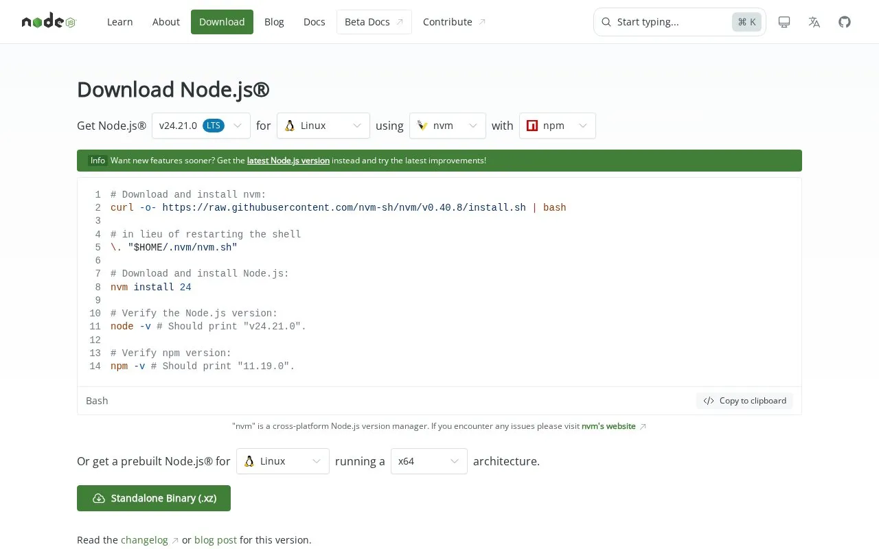 Node.js homepage screenshot