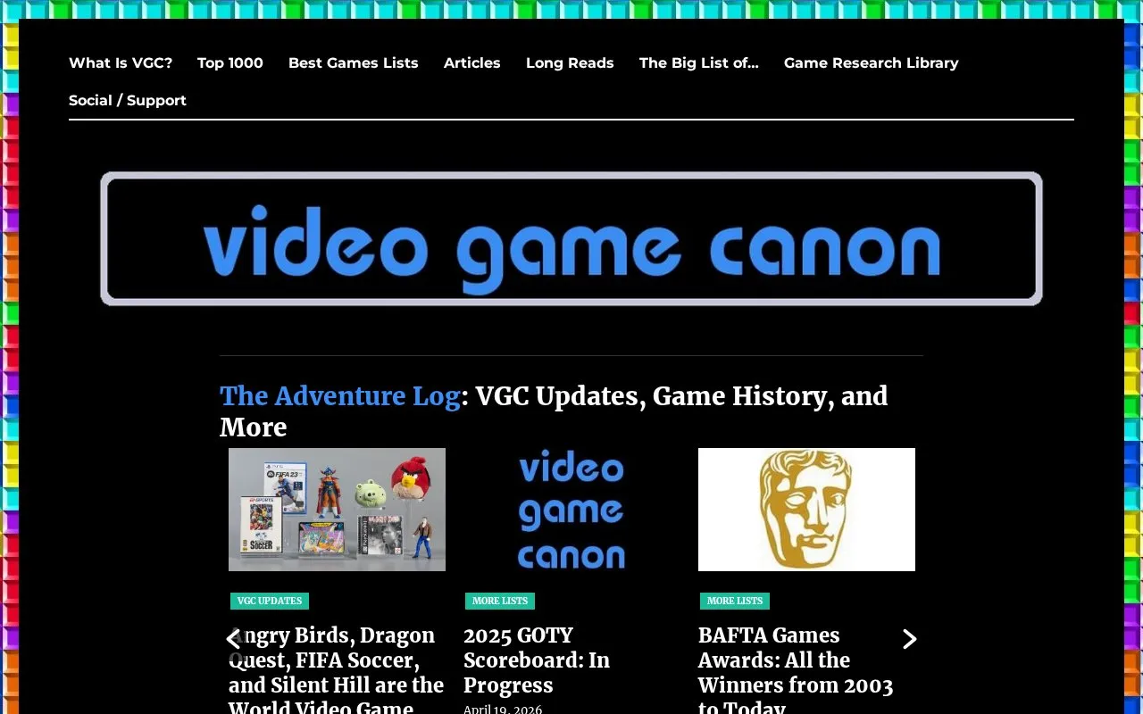 VideoGameCanon homepage screenshot