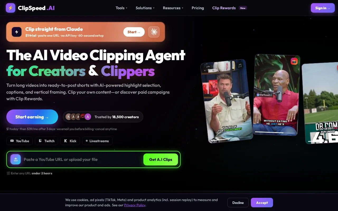 ClipSpeedAI homepage screenshot