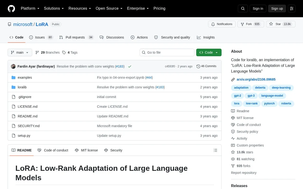microsoft/LoRA homepage screenshot