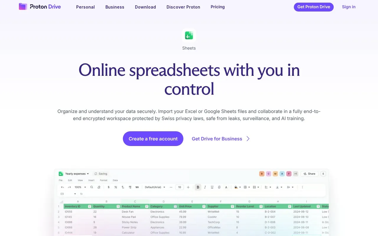 Proton Sheets homepage screenshot