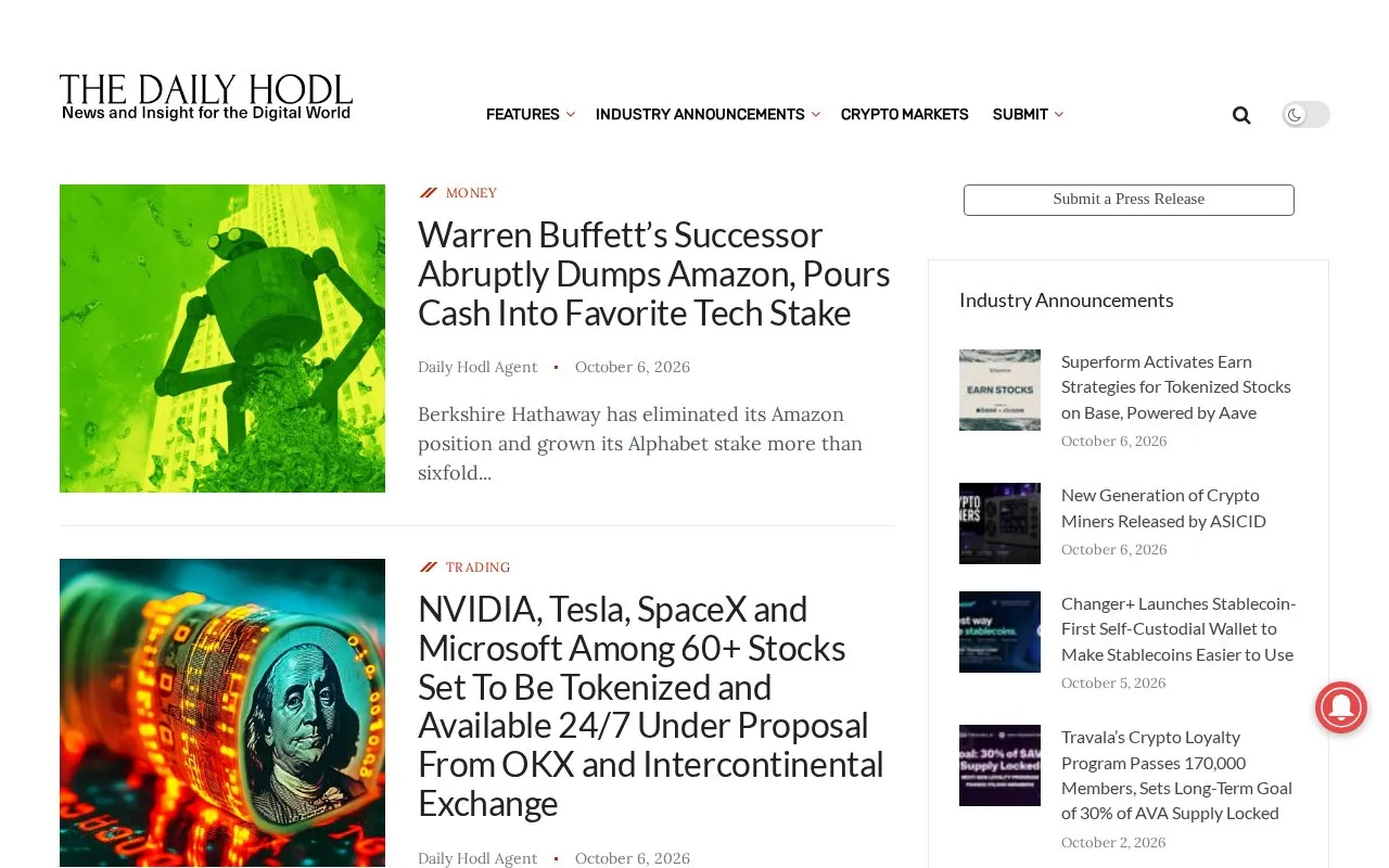 The Daily Hodl homepage screenshot